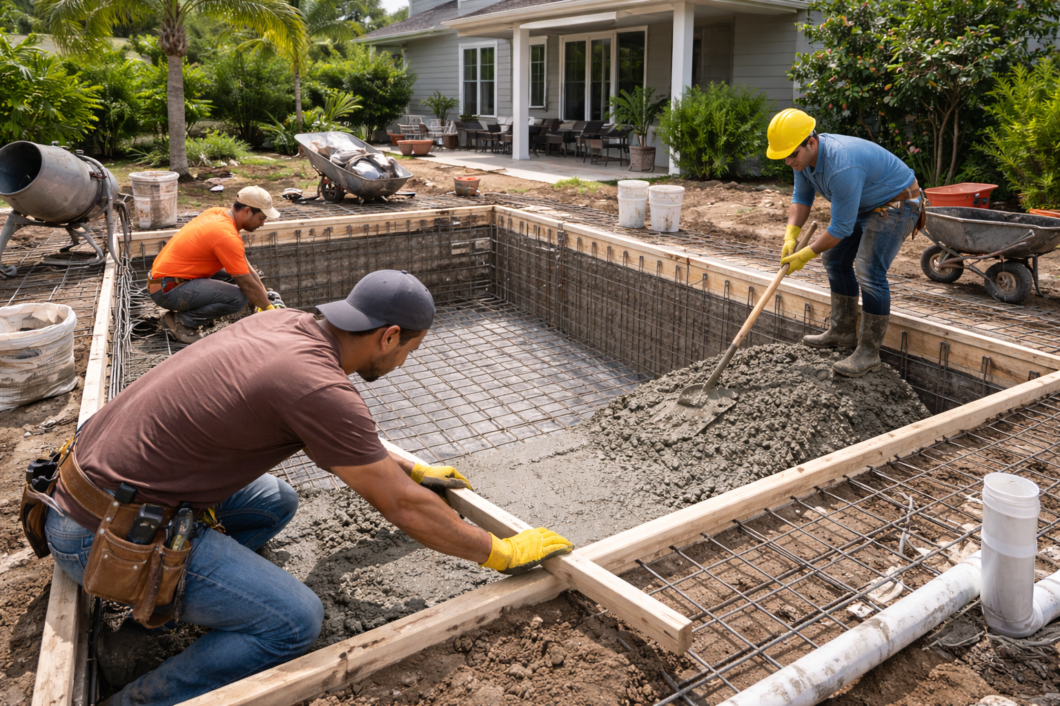 hispanic workers building a pool at floridian house